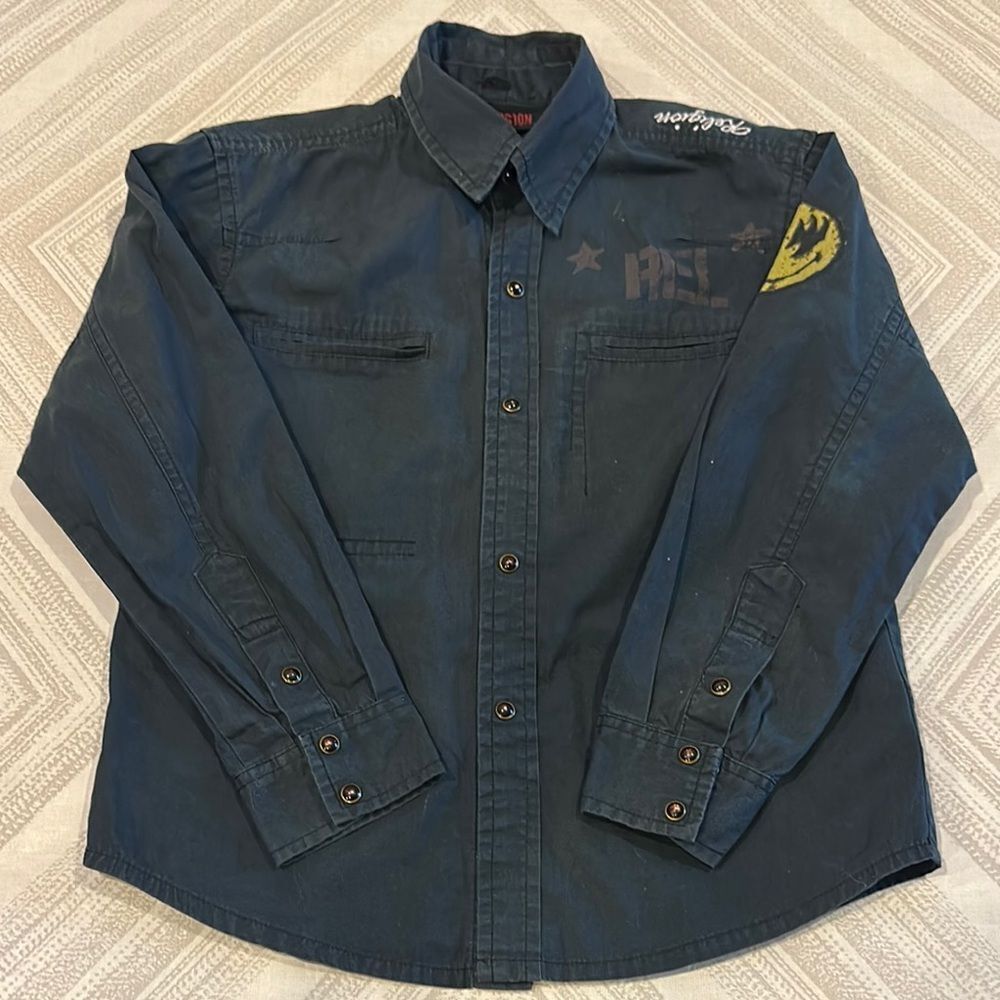 Religion Boys Dark Blue Button-Up Shirt with Graphic Details- Size 6